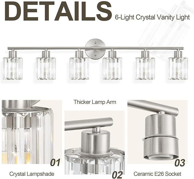 Crystal Bathroom Light Fixtures,Bathroom Lighting Fixtures Over Mirror, Modern 6-Light Brushed Nickel Vanity Lights for Mirror, Restroom,Kitchen(Ceramic E26 Socket,Bulbs Not Include)