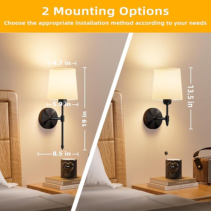 Ouyulong Battery Operated Wall Sconces Set of 2, Wireless Rechargeable Dimmable Wall Light with RGB Bulb and Remote for Bedroom, Living Room, Hallway 19in Black