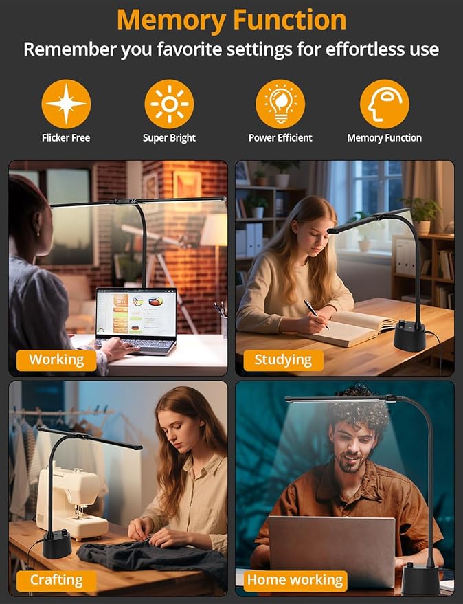 Woputne Desk Lamp, Dual Head, Smart USB A+C Charging Port, 5 Color Modes Dimmable, 2600 Lumens 12W Wide-Angle Lighting Table Lamp, 49cm Height for Bedside Reading, Office, Study, Crafts, Draw