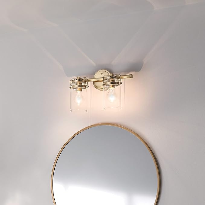 Kichler Brinley 2-Light Bathroom Vanity Light Fixture 15.75 in Industrial Farmhouse with Clear Glass in Champagne Bronze for Mirror Over Sink (15.75 x 10.25 x 6.75 in), 45688CPZ