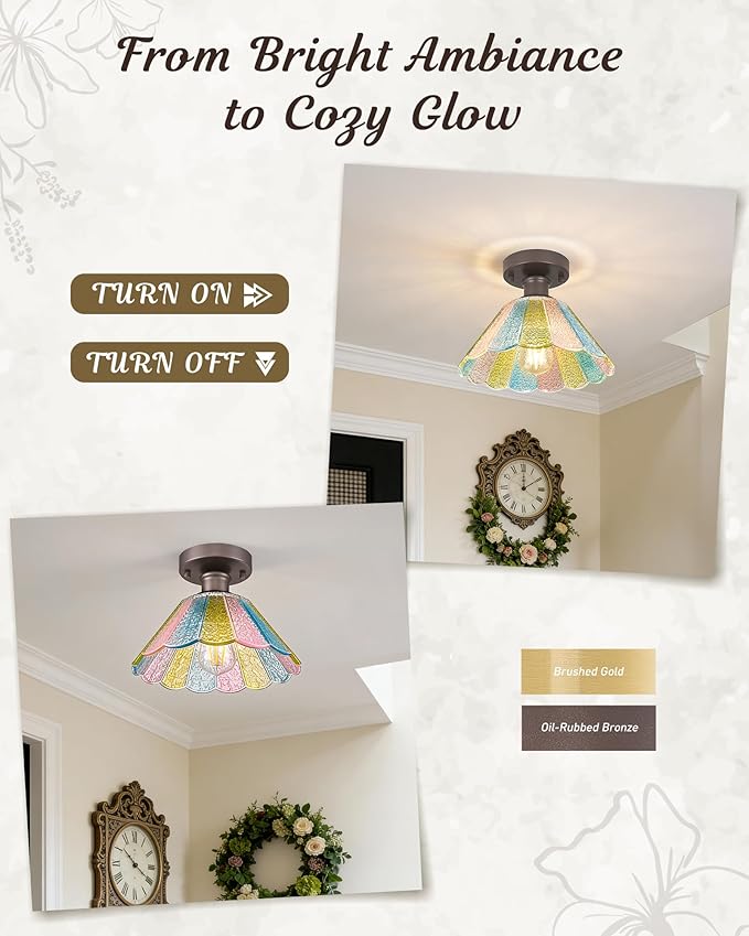 10 Inch Semi Flush Mount Ceiling Light Fixture, HWH Rustic Ceiling Light Fixture for Hallway Entryway with Colored Floral Glass, Oil-Rubbed Bronze Finish, 5HJX110F ORB-C