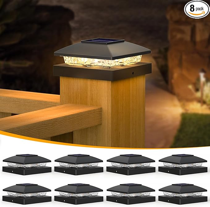 APONUO Solar Post Cap Lights for 4x4 Posts - IP64 Waterproof, 3000K LED, No-Wire Fence Lights & Deck Lights for Patio Garden Yard Patio, Black-Warm White, 8 Pack