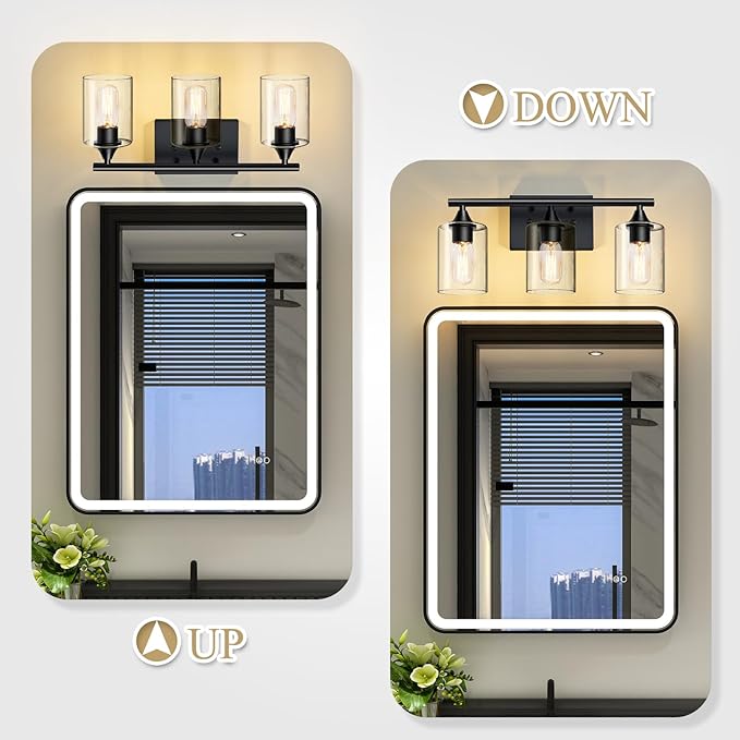 Bathroom Lighting Fixtures Over Mirror,3-Light Black Bathroom Vanity Light,Sconces Wall Lighting with Clear Glass Shade,Light Fixture for Bedroom Living Room Vanity Table Hallway