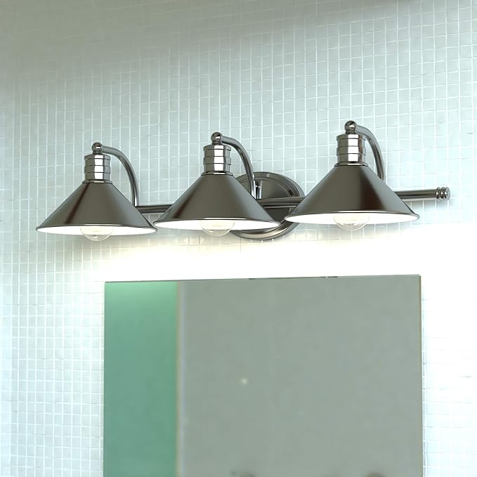 VAXCEL Akron 3-Light 28 inch Wide Satin Nickel and Matte White Farmhouse Bathroom Vanity Lighting Fixture, Metal Shade, Dimmable, LED Compatible, Over The Mirror Mounted Steel Wall Sconce