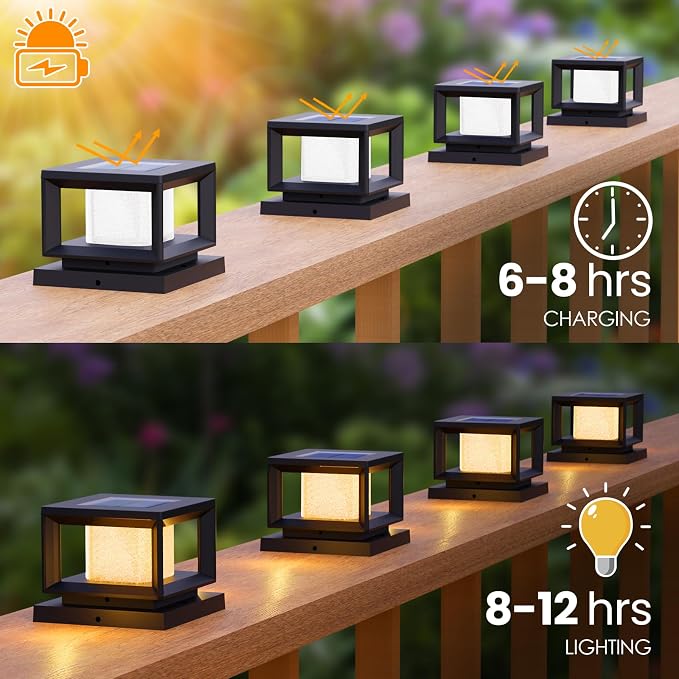 Mlambert 8 Pack Solar Post Lights Outdoor, Waterproof Fence Cap for Deck, 4x4 6x6 Wooden Vinyl Outdoor Lights with Shinning Effect, Black