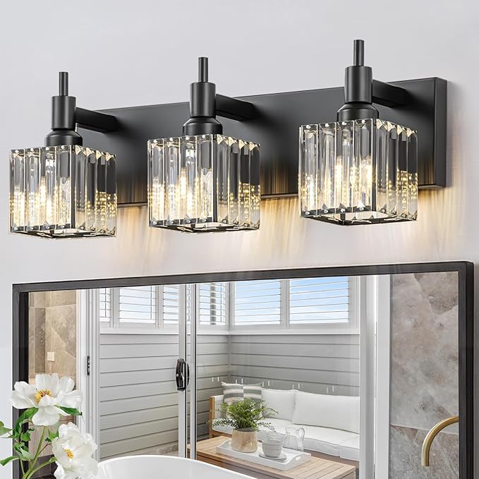 Black Crystal Bathroom Vanity Light 3-Light Modern Bathroom Lighting Fixtures Over Mirror, Black Wall Sconce Light Fixtures with Square Shade