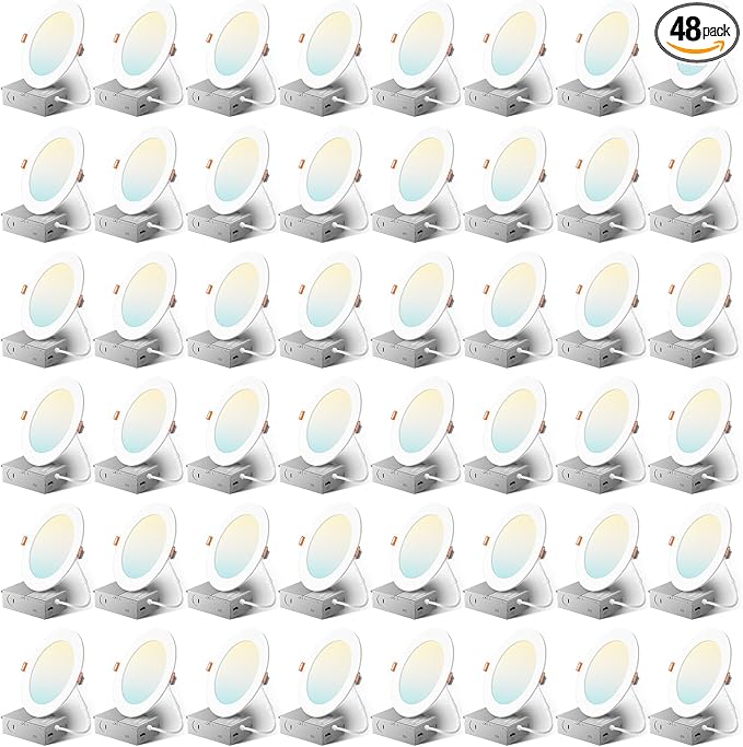 Amico 48 Pack 6 Inch 5CCT Ultra-Thin LED Recessed Ceiling Light with Metal Junction Box, 2700K-5000K Selectable, 12W Eqv 110W, Dimmable Canless Wafer Downlight with Plastic Trim, 1050 Lumens -ETL&FCC