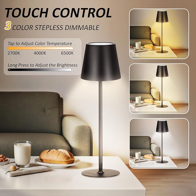 Retisee 12 Pack Cordless Table Lamp Portable LED Rechargeable Desk Lamp 3000mah Battery Operated 3 Color Stepless Dimming Waterproof Touch Control for Bedroom Restaurant (Black,Round Base)