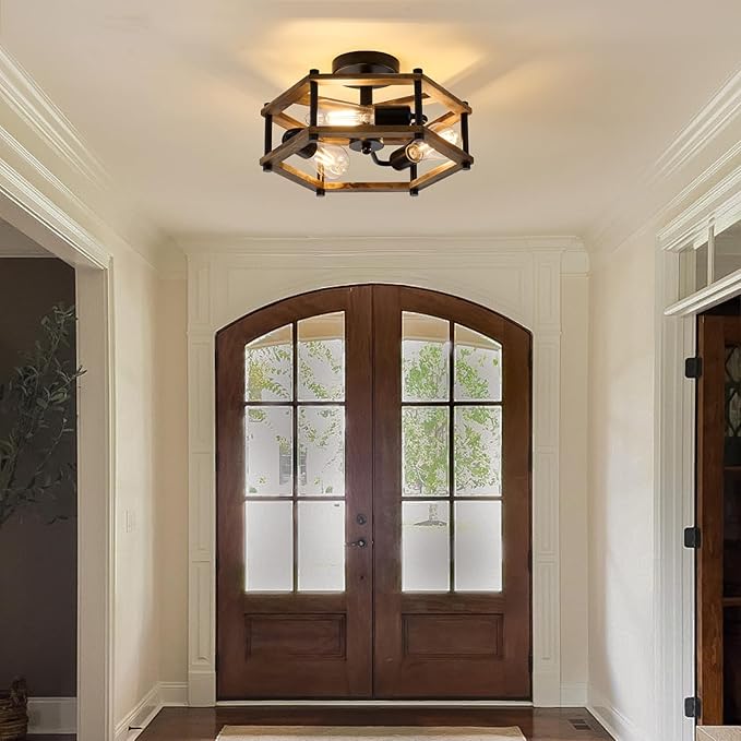 Dijiahua 3-Light Rustic Farmhouse Wood Flush Mount Ceiling Light Fixture, Black Semi Flush Mount Ceiling Lighting with Oak Wooden and Hexagonal Cage for Hallway Entryway Bedroom Kitchen