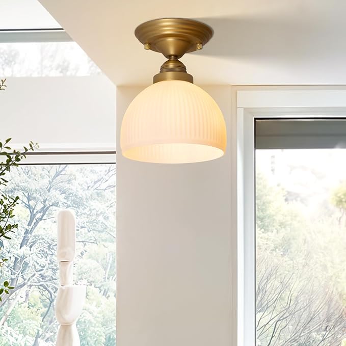 Industrial Flush Mount Ceiling Light with White Striped Globe Glass Lampshade, Vintage Glass Close to Ceiling Light Fixture for Kitchen Island Bedroom Entryway Stairwell