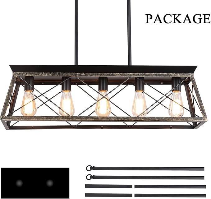 5-Light Pendant Lights Fixture, Farmhouse Chandeliers for Dining Room, Rustic Island Lights for Kitchen, Rectangular Chandelier Rustic Farmhouse Light Fxiture Gold&Black