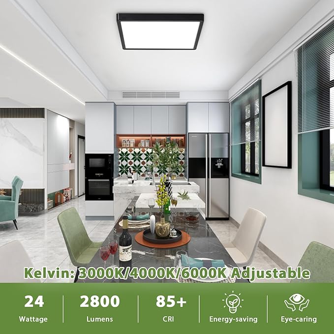 12 Inch 24W Flush Mount Square LED Ceiling Light, 3000K/4000K/6000K Adjustable Flush Mount Light Fixture, 2800LM Bright Flat Ceiling Light Fixtures for Bedroom, Kitchen, Hallway (Black-4 Pack)