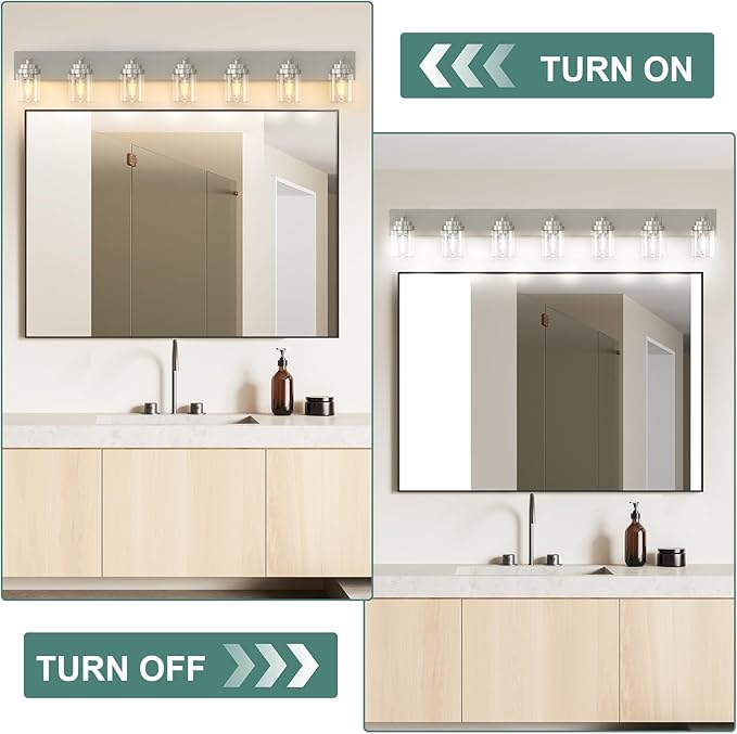 IZORRO Bathroom Vanity Light Fixture, 7-Light 52 inch Brushed Nickel Bathroom Light Fixtures Over Mirror, with Clear Glass Shade, Modern Farmhouse Vanity Lights, Rustic Restroom Lighting Fixtures
