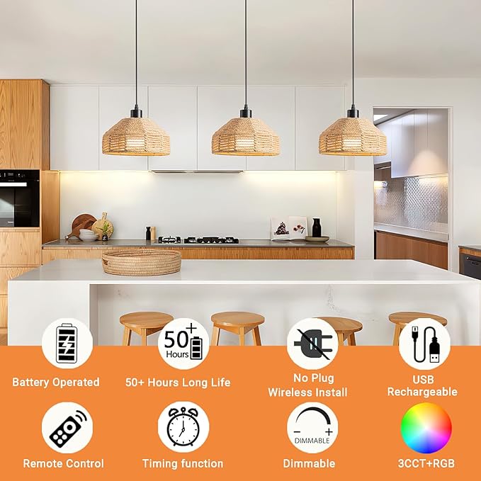 Battery Operated Pendant Light with Remote,Battery Hanging Light Rattan Woven Chandelier No Wiring Needed,Rechargeable Light Bulb 50+Hours Continue Use,Perfect for Kitchen Islands Ceiling Lighting