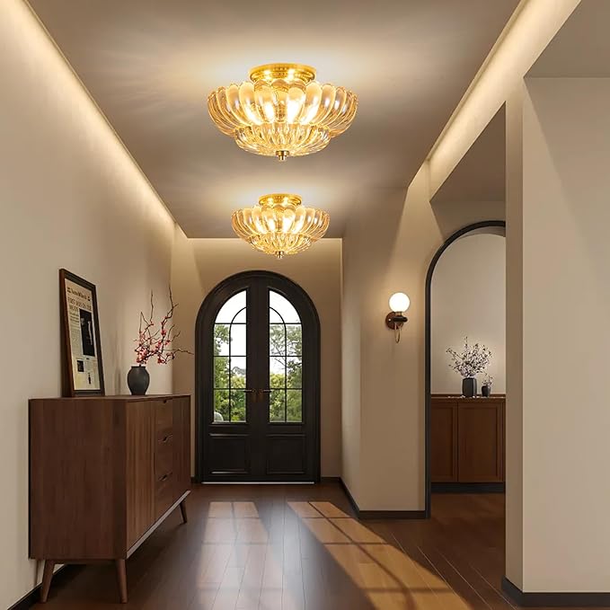 Modern Semi Flush Mount Ceiling Light, Amber Glass Hallway Ceiling Light Fixture, E26 Vintage Gold Close to Ceiling Light Fixture for Kitchen, Living Room, Porch, Entryway