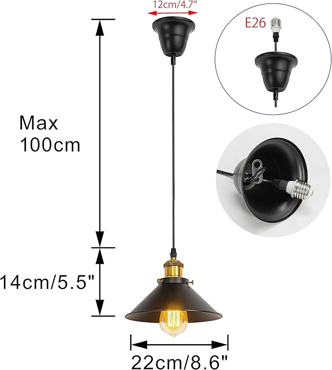 2 Pcs Ceiling Light Conversion Dimmable Pendant E26 Base Connections Metal Black Cone Shade Industrial Style Adjusted 3.2ft Wire Conversion Kit for E26 Spot Light