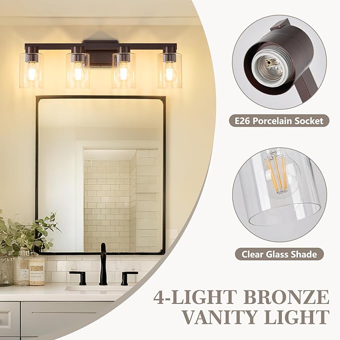 4-Light Bathroom Light Fixtures Modern Oil Rubbed Bronze Vanity Lights with Clear Glass Shade 26 Inch Wall Sconces Over Mirror for Bathroom,Powder Room, Living Room