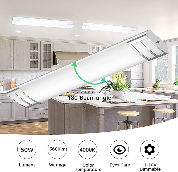 FAITHSAIL 4FT LED Flush Mount Kitchen Light Fixtures 50W 5600lm, 1-10V Dimmable, 4000K, 4 Foot LED Kitchen Lighting Fixtures Ceiling for Craft Room, Laundry, Fluorescent Replacement, 2 Pack