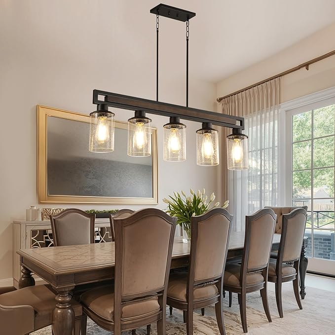 Farmhouse Dining Room Light Fixture, 5-Light Wood Kitchen Island Lighting for Dining Room Over Table, Black Adjustable Pendant Light with Seeded Glass Shades, Linear Chandeliers Lighting for Kitchen