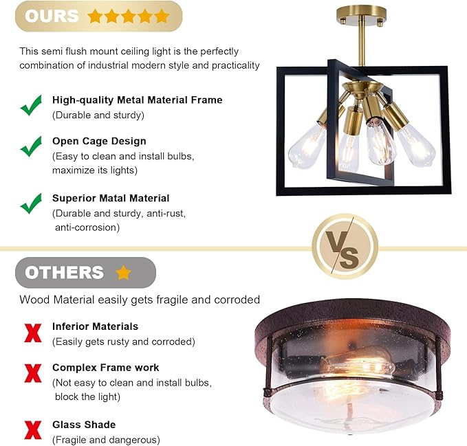 Farmhouse Industrial Ceiling Light Fixtures, 4-Light Vintage Modern Rectangle Black Gold Flush Mount Light Fixture with Rotatable Metal Square Frame for Kitchen Hallway Entryway Foyer Living Bedroom