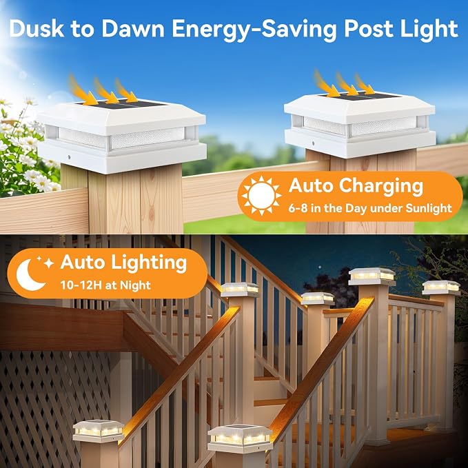 Brightever 4x4 Solar Post Cap Lights Outdoor, Waterproof Solar Powered Deck Lights for 5x5 Wooden/Vinyl Post, Outside White Fence Light with 16LEDs Warm/Cool Lighting in Garden, Patio, Porch, 8-Pack