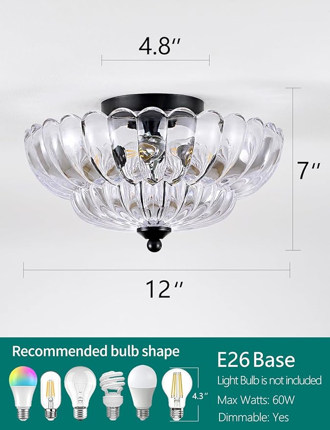 3-Light Semi Flush Mount Ceiling Light Fixture, Vintage Crystal Glass with Black Metal Frame, Modern Close-to-Ceiling Lighting for Bedroom Kitchen Living Room Hallway, E26 Base (Bulbs Not Included)