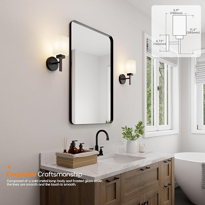Wall Lights Matte Black Bathroom Vanity Light Fixtures Over Mirror with White Frosted Glass Shade, Wall Lamps for Porch Entrance, 2 Pack T002MB-L1-P2