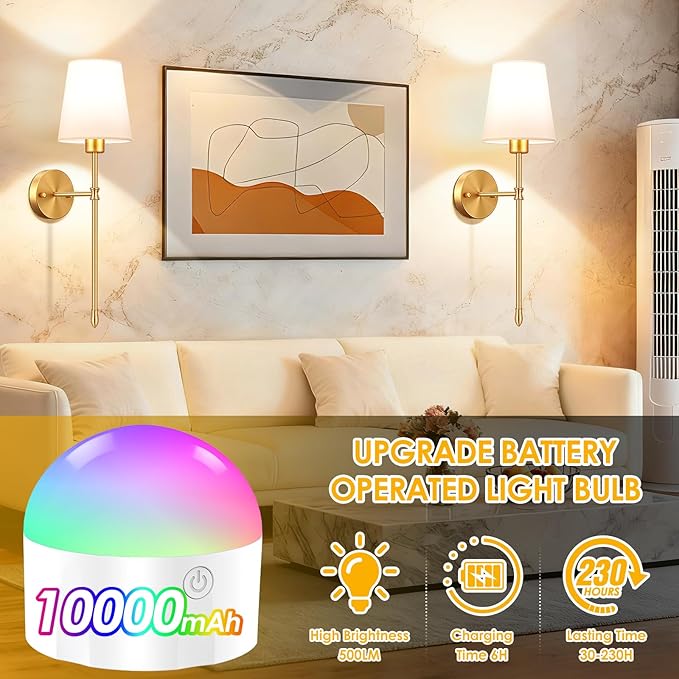 OCATO Battery Operated Wall Sconce: 10000mAh Wireless Wall Sconces Set of Two Rechargeable Lamp Dimmable Magnetic Lights with 7 RGB Colors and Remote Walls Decor for Bedroom Living Room Hallway