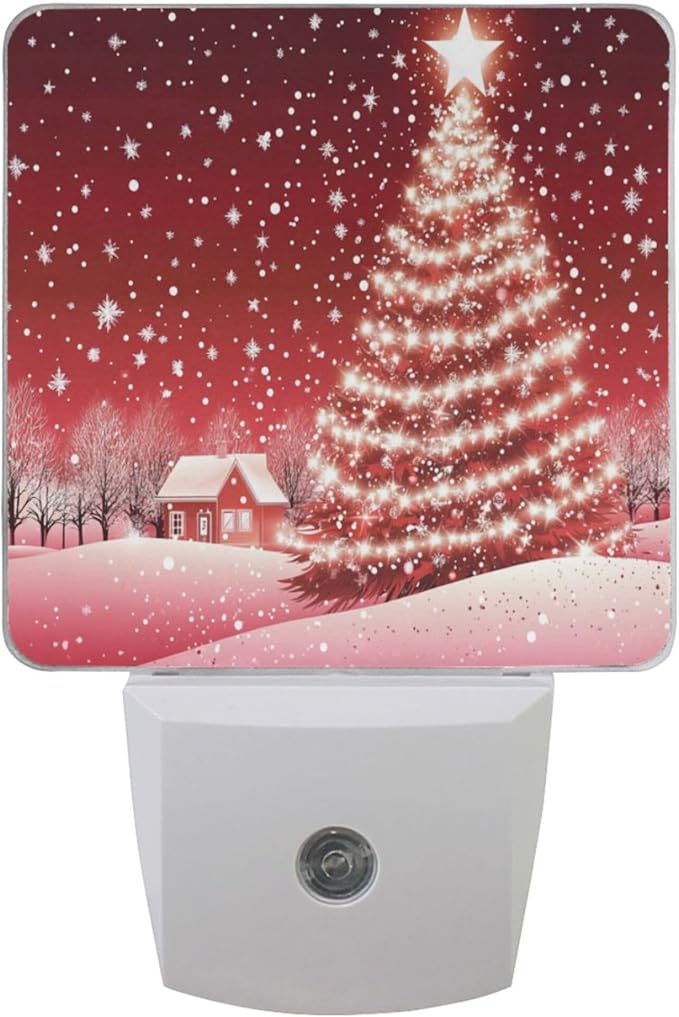 Christmas Tree Red Night Light LED Sensor Set of 2 Winter Snow Scene Xmas Table Desk Lamps with Adjustable Brightness Eye-Caring for Home Bedroom Office Parlour