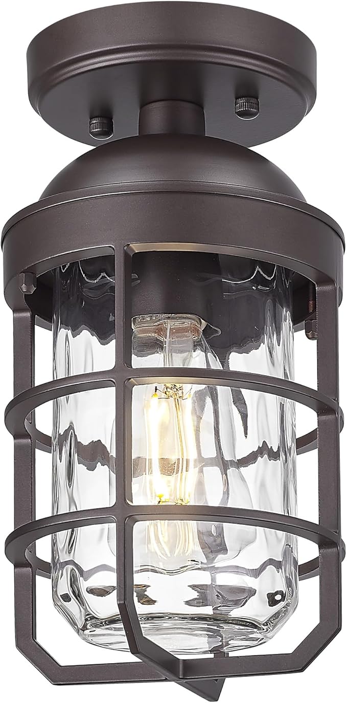 Emliviar Oil Rubbed Bronze Finish Light Fixture Ceiling Mount, Retro 11.1" Semi Flush Lighting with Water Ripple Glass Shade, GE255LF ORB-WG
