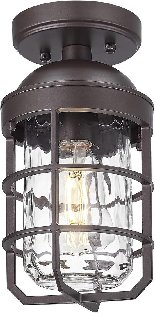 Emliviar Oil Rubbed Bronze Finish Light Fixture Ceiling Mount, Retro 11.1" Semi Flush Lighting with Water Ripple Glass Shade, GE255LF ORB-WG