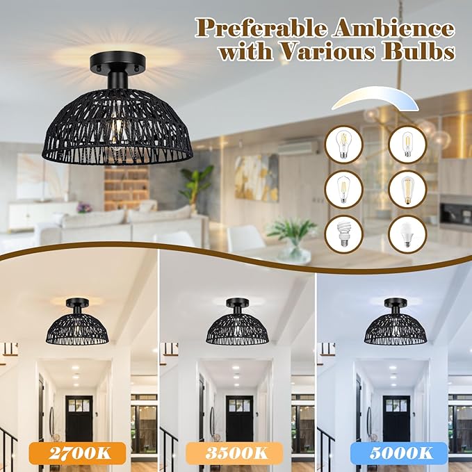Rattan Ceiling Light Fixtures 2 Packs-Black Rustic Woven Basket Flush Mount Ceiling Light, Handmade Wicker Ceiling Lamp, Rattan Chandelier For Kitchen Island, Hallway, Living Room, Bedroom, E26 Base