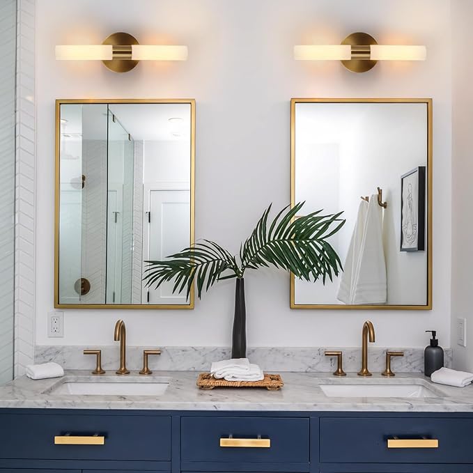KUZZULL Wall Sconces Set of Two, Brass Gold Bathroom Sconces Wall Lighting with White Glass, Modern Sconces Wall Decor Set of 2 Wall Light fixtures for Bathroom Mirror Living Room Hallway Wall Lamp