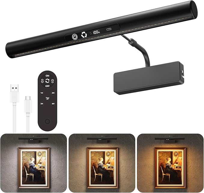 Skairipa Picture Light for Wall, 6000mAh Rechargeable Wireless Wall Lights, 13'' Dimmable Remote Magnetic LED Art Painting Light with 3 Color Temps, Display for Gallery, Living Room (Black, 1Pack)