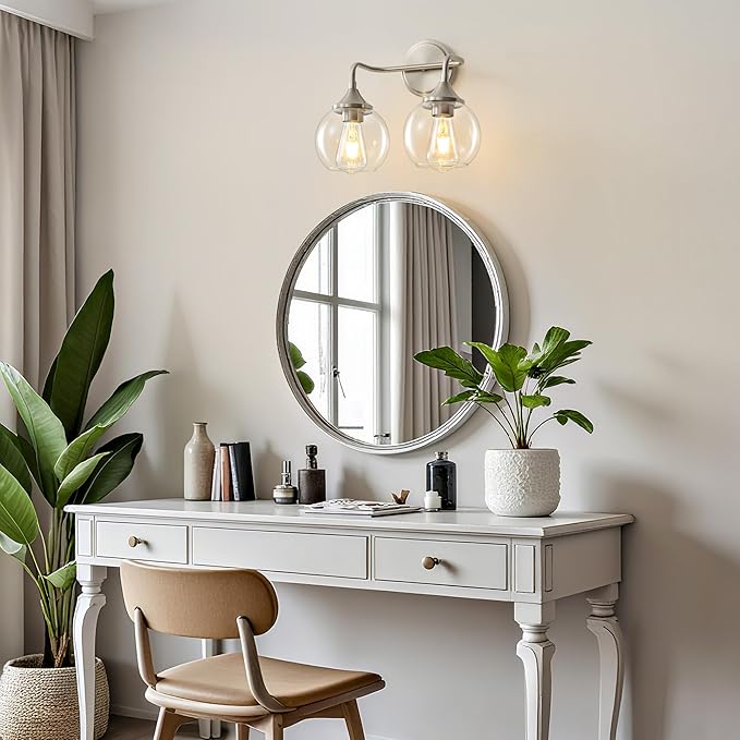 Bathroom Vanity Light with Clear Glass Shade, E26 Base, 2-Light Bathroom Light Fixtures Over Mirror, 14 Inch Vanity Lights for Bathroom (Exclude E26 Bulb) - Brushed Nickel