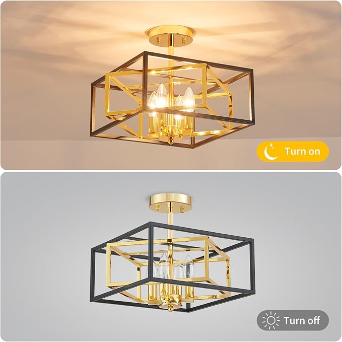 Square Ceiling Light, 4-Light Flushmount Modern Close to Ceiling Light Fixture for Living Room, Bedroom, Dining Room, L13 x W13 x H10 inch, Black & Brass Finish Frame