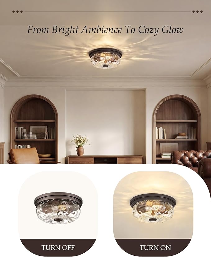 Farmhouse Ceiling Light Fixtures, HWH 2-Light Flush Mount Ceiling Light for Bedroom, Indoor Ceiling Mount Light with Water Ripple Glass, Oil-Rubbed Bronze Finish, 5HJX109F ORB-WG