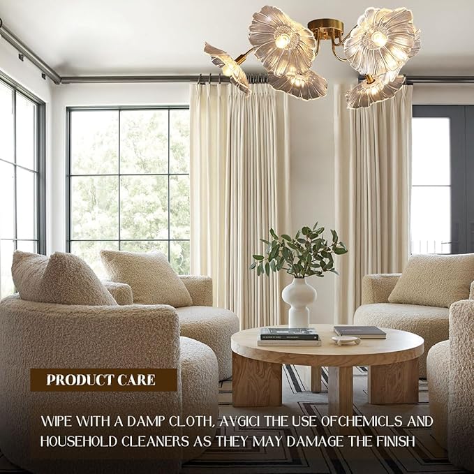 Mid Century Modern Flush Mount Ceiling Light Fixture 6 Lights Gold Brass Ceiling Lights with Clear Glass Flower Shade Sputnik Chandelier Dining Room Large Close to Lighting Fixtures