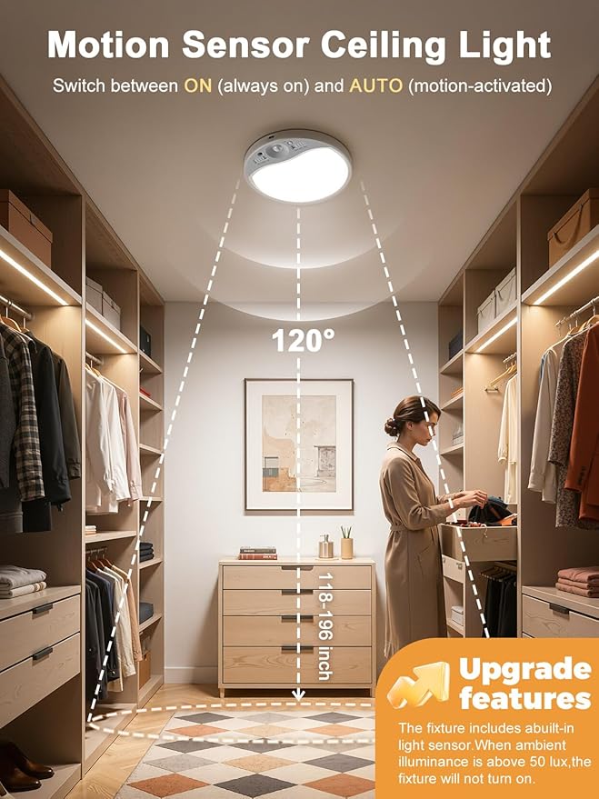 TANBABY Rechargeable Motion Sensor Ceiling Light Indoor with Remote, 3-Color Wireless Battery Operated Lights, 7'' Slim Ceiling Light Adjustable Motion Timer 30s/60s/120s for Closet Shower Hallway