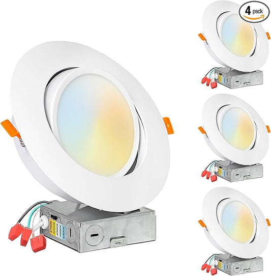 PROCURU [4-Pack] 6-Inch Gimbal (8-Inch Trim) Air-Tight LED 2700K-6000K 5CCT Adjustable, Rotate & Swivel Ultra-Thin Recessed Ceiling Downlight, Dimmable, IC Rated (VGB65W-4P)