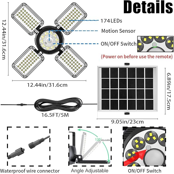 Latband Solar Shed Light Outdoor Indoor Upgrade 1200LM 174LED 4 and 1 Heads Motion Sensor Pendant Light, Solar Lights with 5 Lighting Modes Remote Control IP65 Waterproof for Barn Patio Gazebo Shop