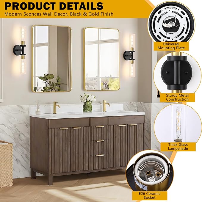 Baocuz 2-Light Bathroom Lighting Fixtures Over Mirror, Black and Gold Vanity Lights for Bathroom, Modern Sconces Wall Lighting with Clear Glass for Bathroom, Bedroom, Living Room (1-Pack)