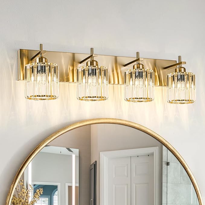 Modern Crystal Bathroom Vanity Lights, Gold 4-Lights Bathroom Light Fixtures Over Mirror, Crystal Wall Lighting with Polished Gold Finish