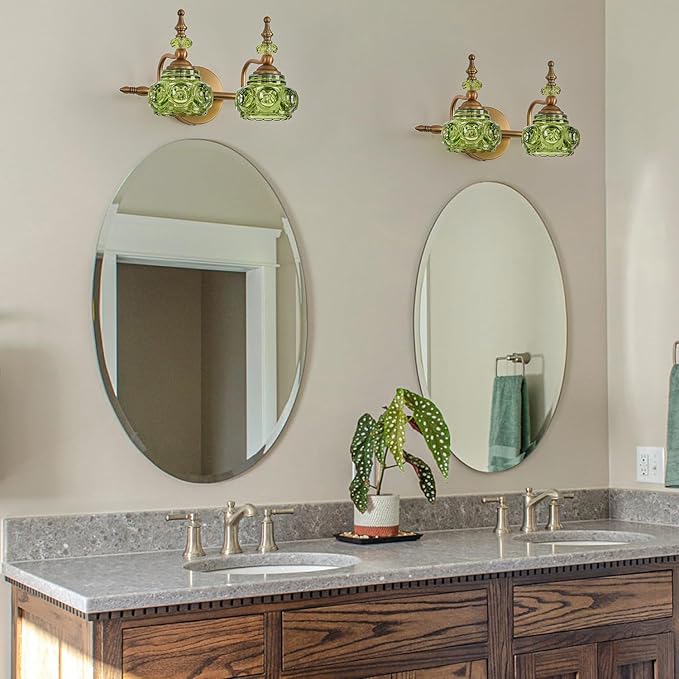 Green 2-Light Vintage Vanity Light Fixtures with Crystal Glass Shade, Rust-Proof and Durable Bathroom Lighting Wall Sconce for Bathroom Bedroom Living Room Hallway