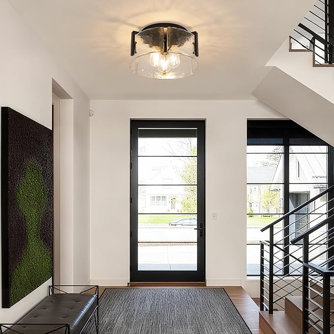 Black Semi Flush Mount Ceiling Light Fixture, Modern Glass Drum Ceiling Lights, 3-Light Hallway Light Fixtures for Kitchen Island, Bedroom, Bathroom, Laundry Room, Entryway