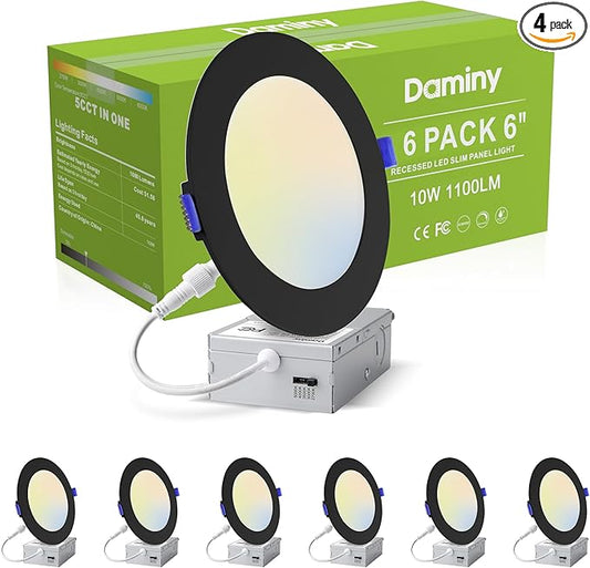 DAMINY 6 Pack 6 Inch Black LED Recessed Lighting with Junction Box,5CCT,Ultra-Thin Recessed Light,10W 1100LM, Dimmable Canless Wafer Ceiling Light,High Brightness