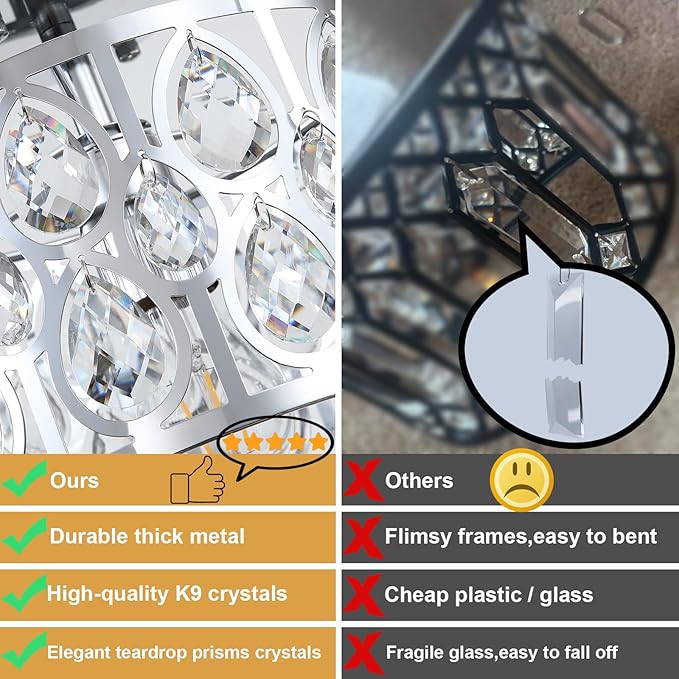 9 Inch Crystal Chrome Semi Flush Mount Ceiling Light,Modern Farmhouse Ceiling Lighting Fixture,Round Hallway Lighting Fixtures for Kitchen Entryway Bedroom Laundry,1-Light