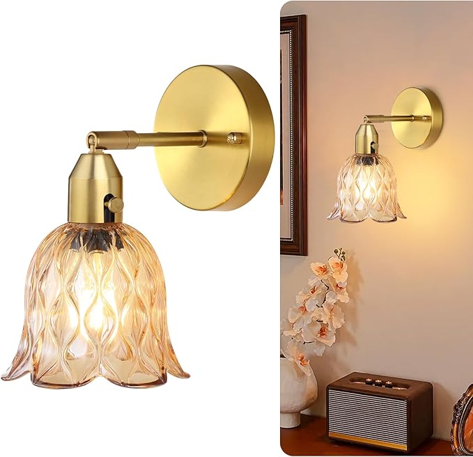 Vintage Wall Sconces - Hardwired Wall Lights with Amber Tulip Glass Shade,Brass Wall Lamps for Bathroom Bedroom Stairway Bathroom Living Room Corridor(Bulbs Not Included,E26 Socket)