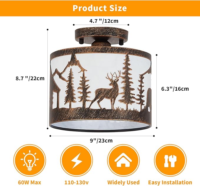 Rustic Semi Flush Mount Ceiling Light with Shade, Black Metal Farmhouse Fixture with Deer and Bear Silhouettes, Wildlife Forest Theme for Cabin, Kitchen, Living Room - E26 Base (9.1" Round)