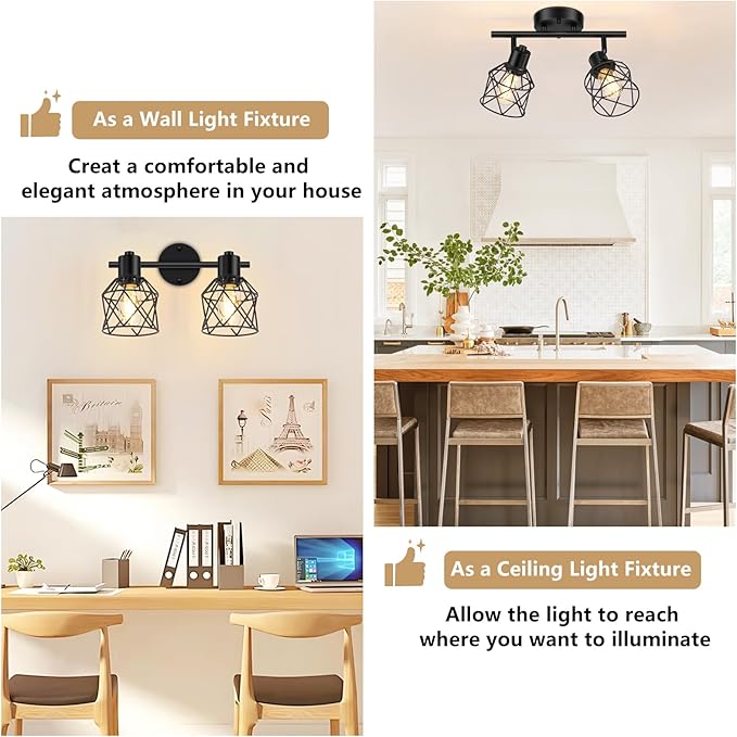 2-Lights Kitchen Light Fixtures Ceiling Mount, Adjustable Semi Flush Mount Ceiling Light with Metal Wire Cage, Vintage Track Spotlight Ceiling Fixtures for Dining Room, Farmhouse, Entryway